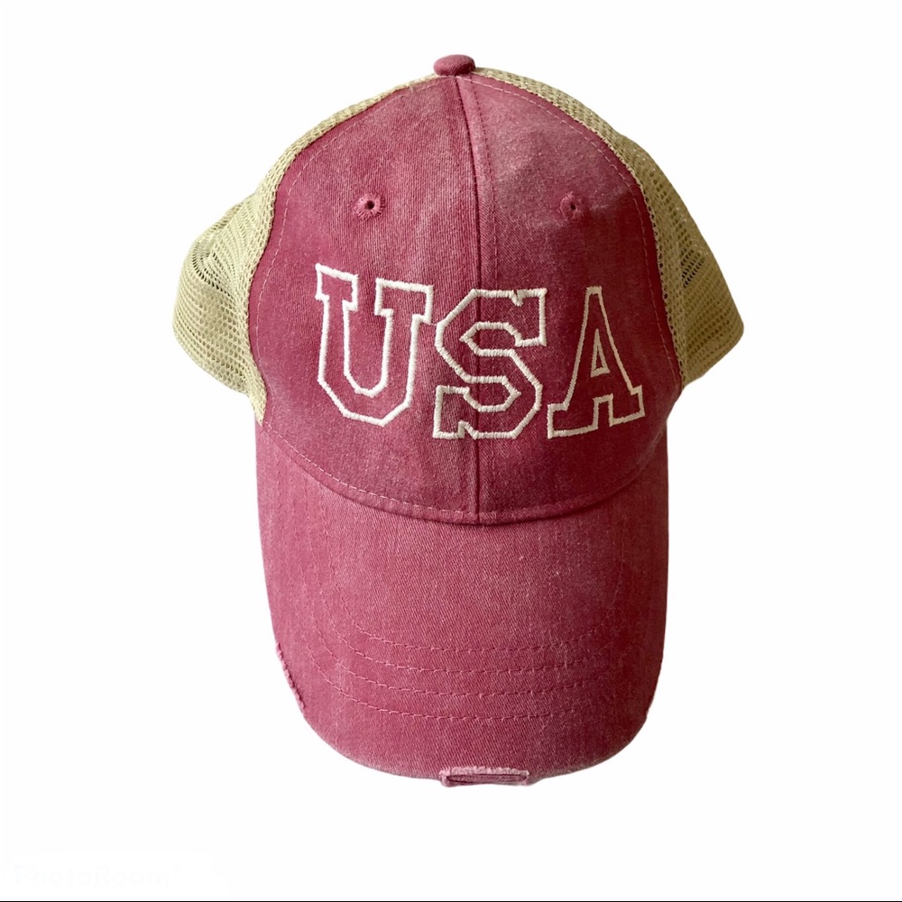 Adams Trucker Baseball Hat USA Embroidered Red Cream Mesh Adjustable